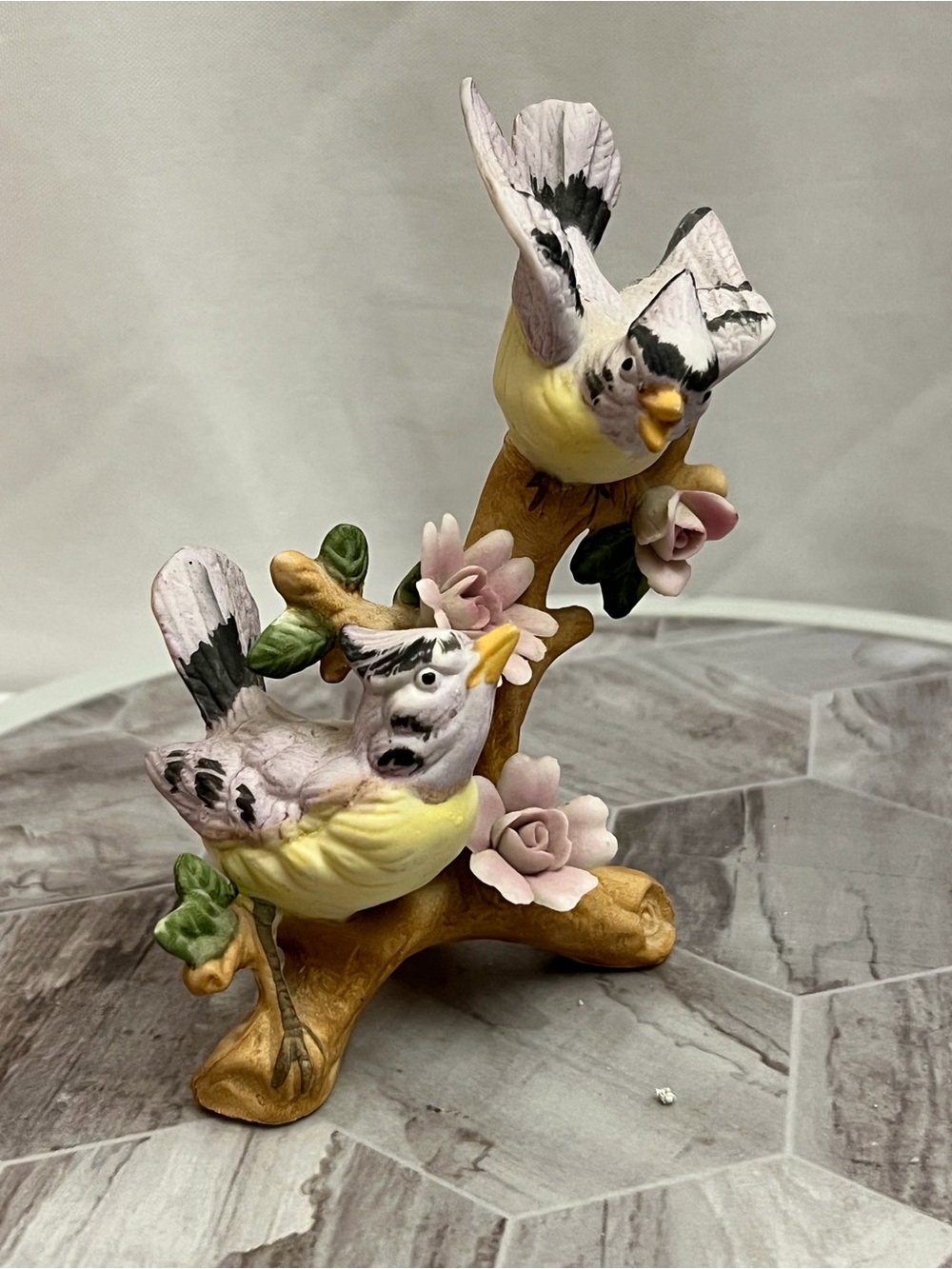 Vintage Porcelain Bird Figurine Pair on Branch Pink Flowers 6” Cottage Decor